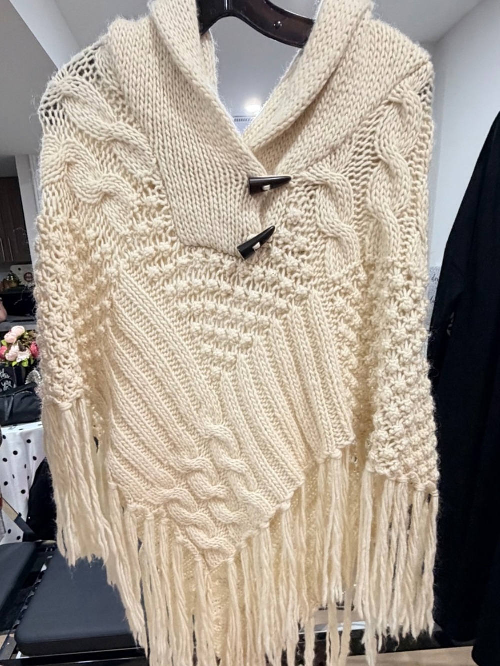 H&M Cream Cable-Knit Fringe Poncho Sweater